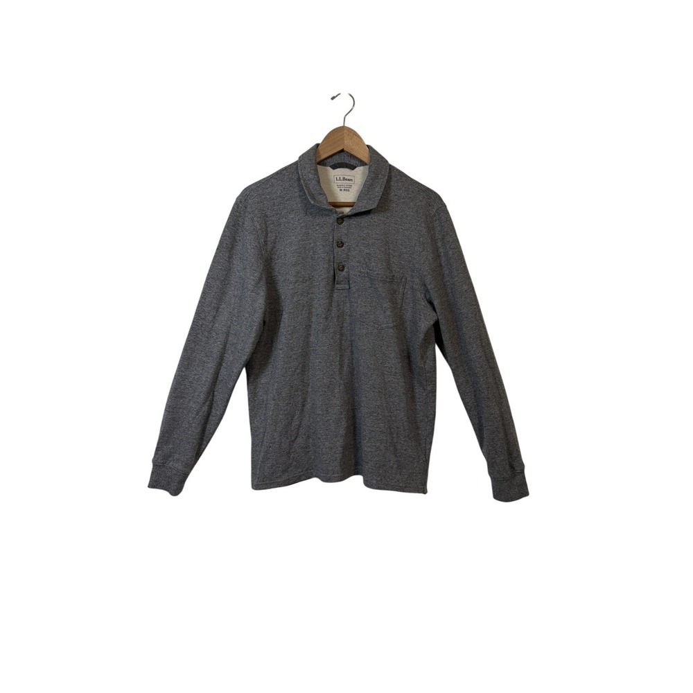 LL Bean Henley Polo Mens M Medium Gray Long Sleeve Cotton 520383 Slightly Fitted